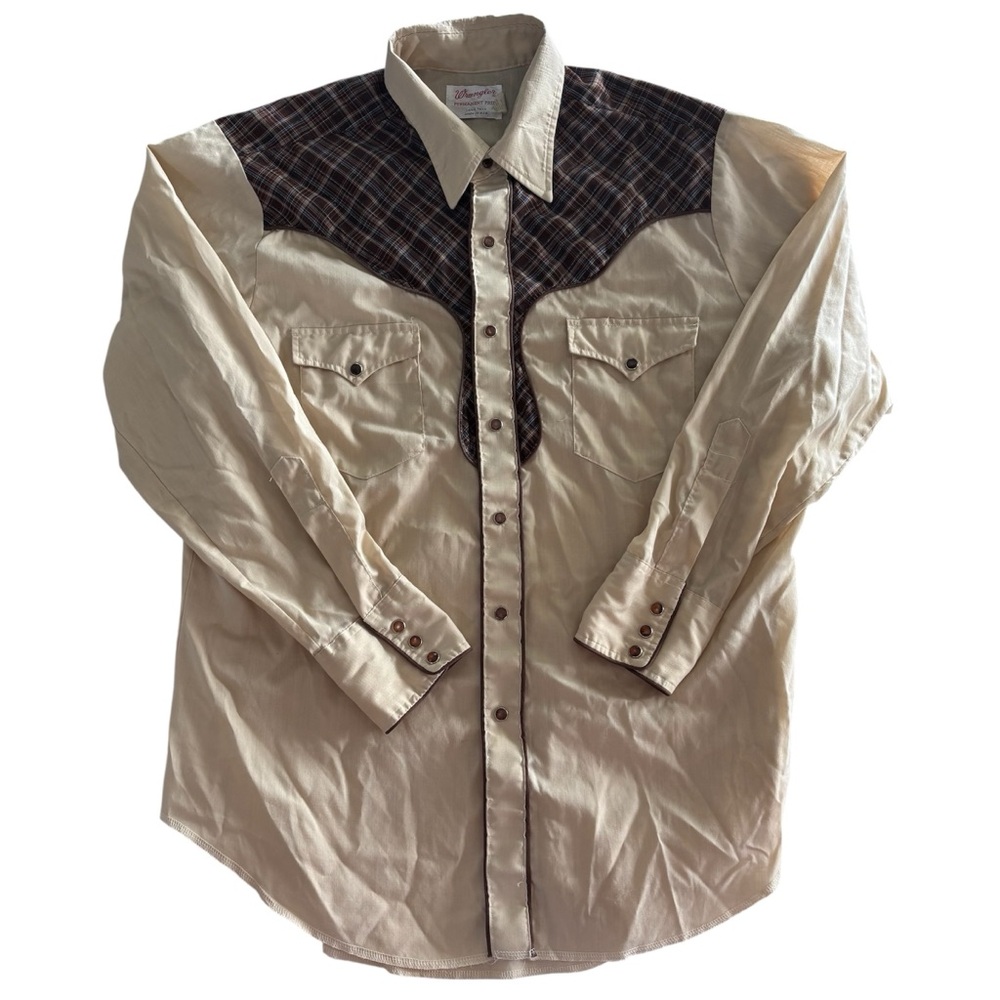 Wrangler Beige and Brown Western Shirt Pearl Snap Vintage XL Men’s USA